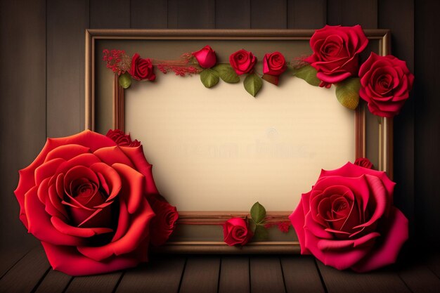 Red roses frame with a blank frame