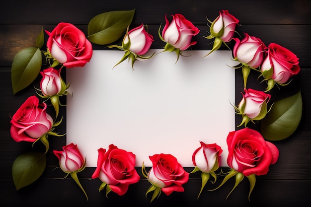 Red roses frame with a blank white paper