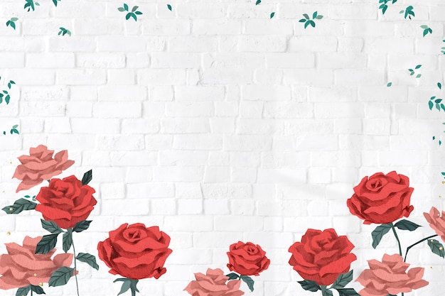 レンガの壁の背景と赤いバラバレンタインフレーム
