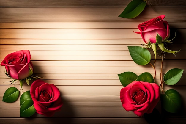 Red roses on a wooden background