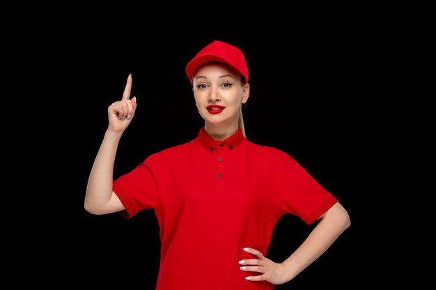 빨간 셔츠의 날 흥분된 소녀는 립스틱이 달린 셔츠를 입고 빨간 모자를 쓰고 손가락을 가리키고 있습니다.