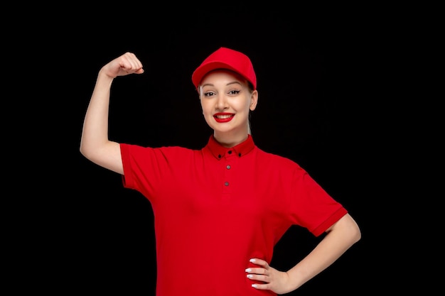 Ragazza forte di giorno della camicia rossa che mostra il bicipite in un berretto rosso che indossa la camicia con il rossetto