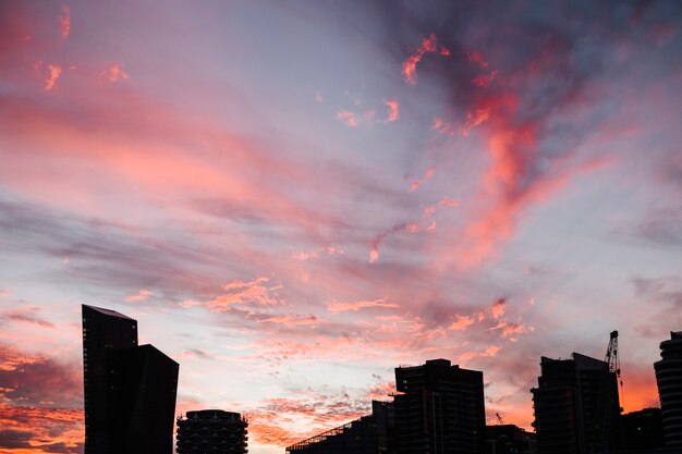 red sky and city