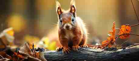 Foto gratuita scoiattolo rosso seduto a terra nella foresta autunnale simpatico animale divertente in natura