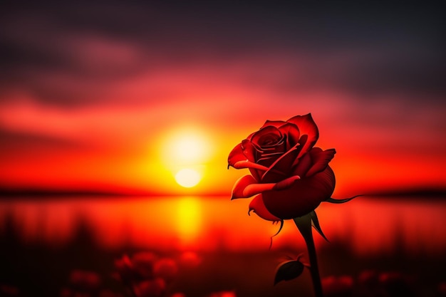 Free photo a red sunset with a rose in the foreground