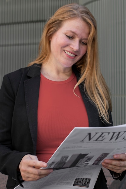 Free photo red t-shirt apparel plus size businesswoman reading newspaper