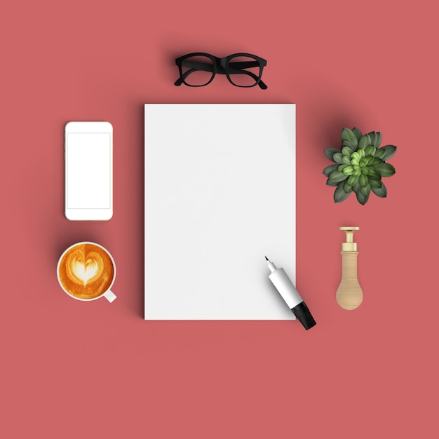 Red table with a marker and blank paper