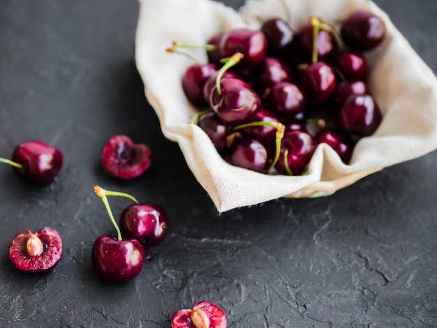 Red tasty juicy cherry in basket