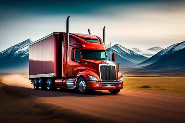 A red truck driving on a road with mountains in the background