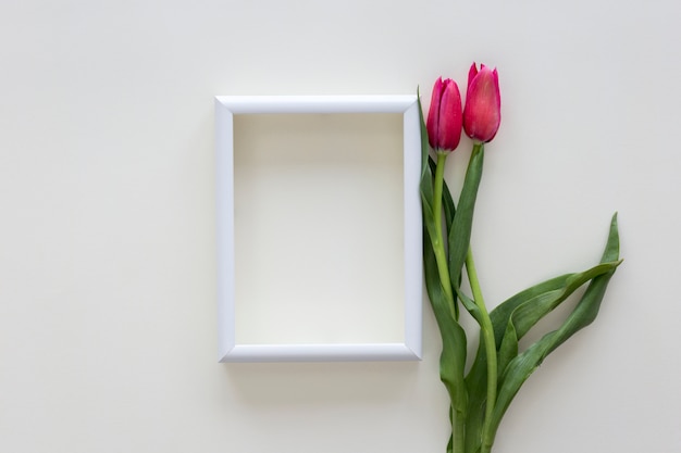 Красные тюльпаны и белая рамка для фотографий на белом столе