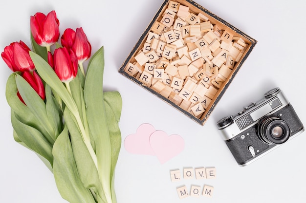 Free photo red tulip flowers; wooden blocks; heart shape; and retro camera against white backdrop