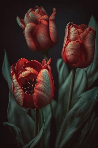 Red tulips bouquet in vibrant tints isolated on blurry background Colorful springtime flowers with green leaf Fresh spring tulip flowers blossoms on vertical floral poster Generative AI