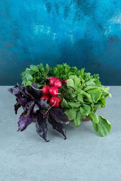 Red turnips, basil and mint on marble.