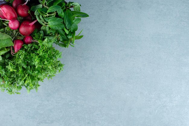 Red turnips, basil and mint on marble.