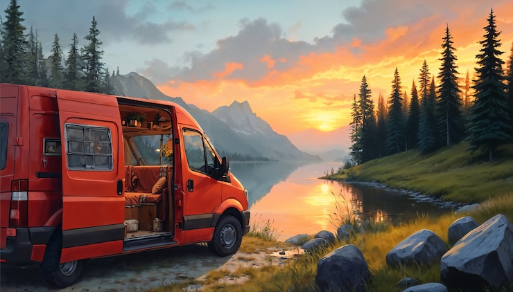 Free Photo a red van in nature
