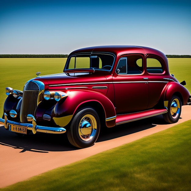 A red vintage car is parked on a dirt road.