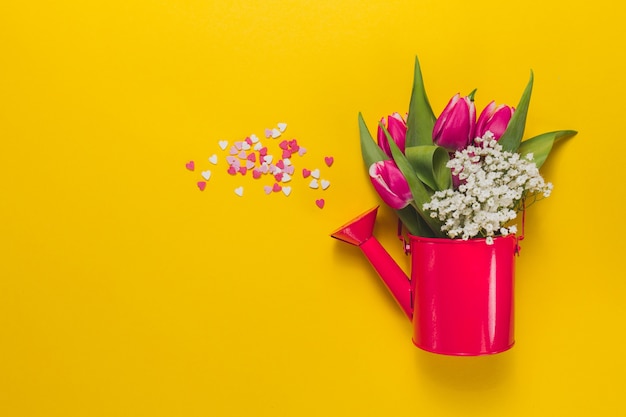 Red watering can with flowers on yellow background