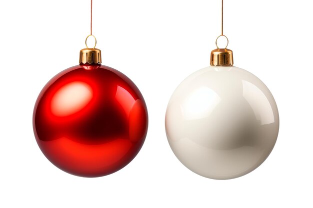 Free photo a red and a white christmas balls hanging on a totally white background