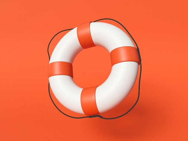 . Red and white lifebuoy ring on red background.