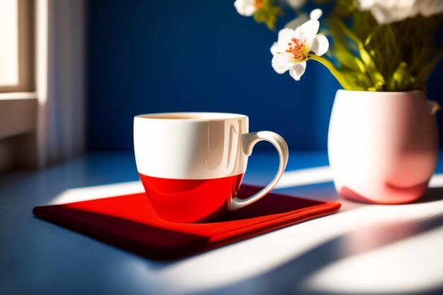 A red and white mug with a white mug that says'poland'on it