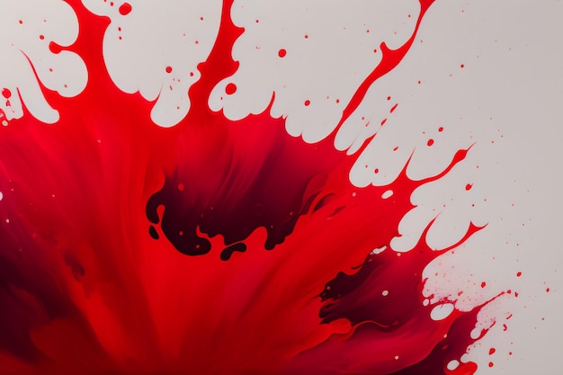 A red and white painting with white paint splatters.