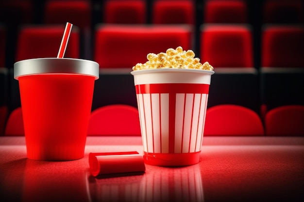 Free photo a red and white popcorn cup sits on a table in front of a movie theater.