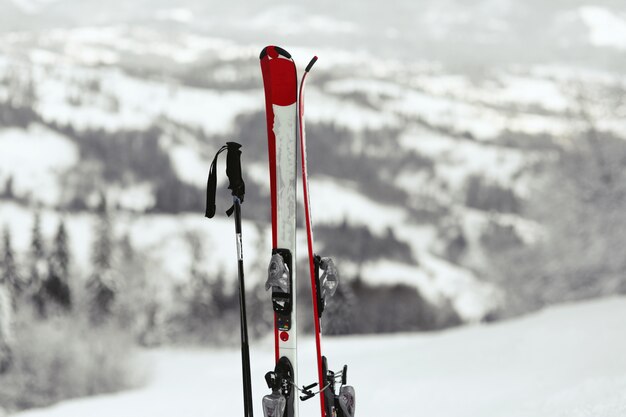 Красные и белые лыжи помещают в снег с большим видом на горы позади них