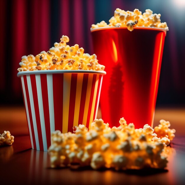 A red and white striped cup of popcorn next to a red and white striped cup of popcorn.