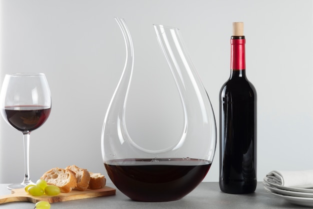 Red wine bottle and carafe