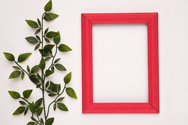 Red wooden border frame near the fake green plant isolated on white backdrop