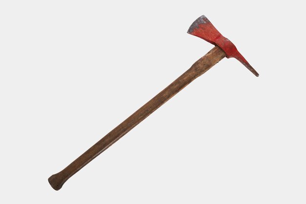 Red wooden fire axe most common firefighting tool with copy space front view of pick head fire