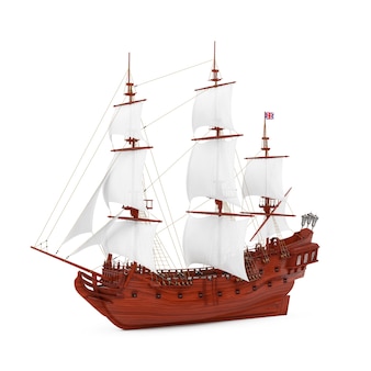 흰색 바탕에 붉은 나무 빈티지 키 큰 범선, caravel, 해적선 또는 군함. 3d 렌더링