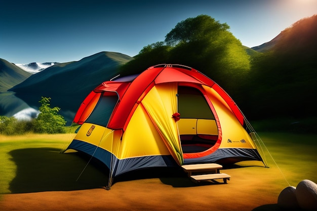 Free photo a red, yellow and blue tent with the word camping on it.