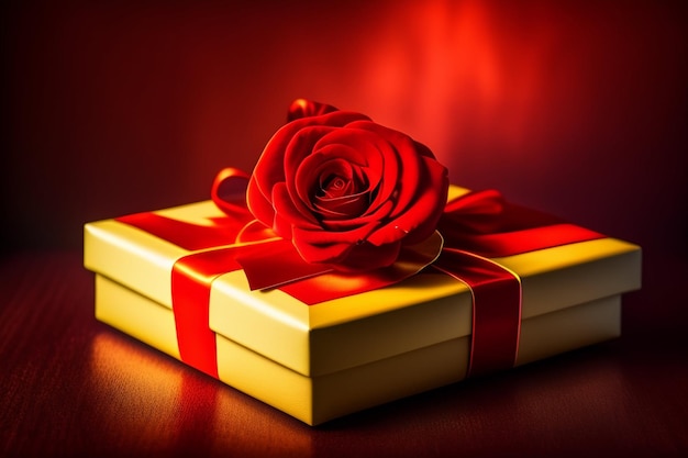 빨간 리본과 장미가 달린 빨간색과 노란색 선물 상자.