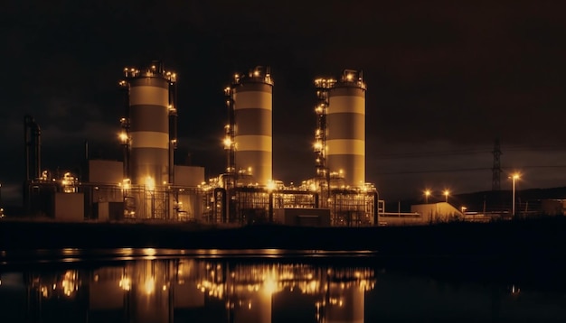 Refinery manufacturing industry illuminates dark polluted night generated by AI