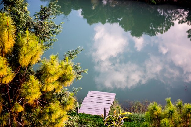 Бесплатное фото Отражение облачного пейзажа на поверхности реки