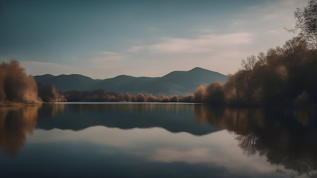 Free photo reflection of trees and mountains in the lake with a blue sky