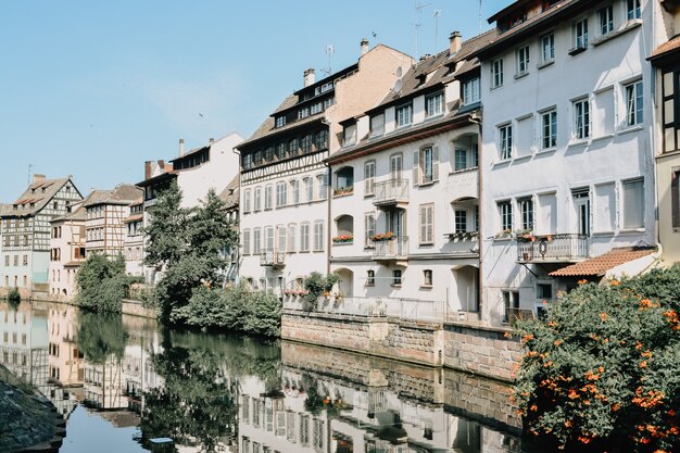 Reflection of white houses with brown roofs surrounded by green plants in the water