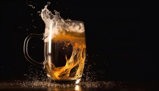 Refreshing beer drops splash in drinking glass generated by AI