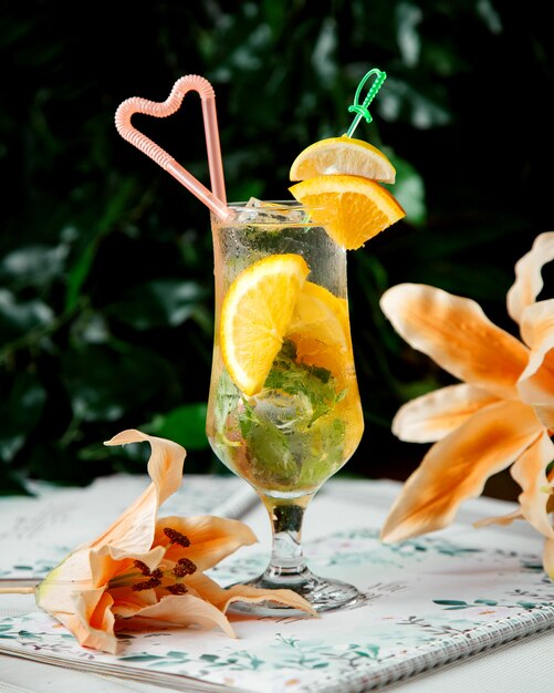 Free photo refreshing beverage with herbs and citrus inside