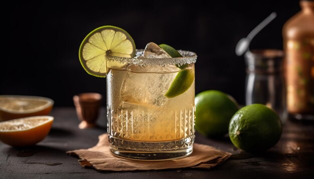 Refreshing cocktail with lime lemon and mint leaf on wooden table generated by artificial intelligence