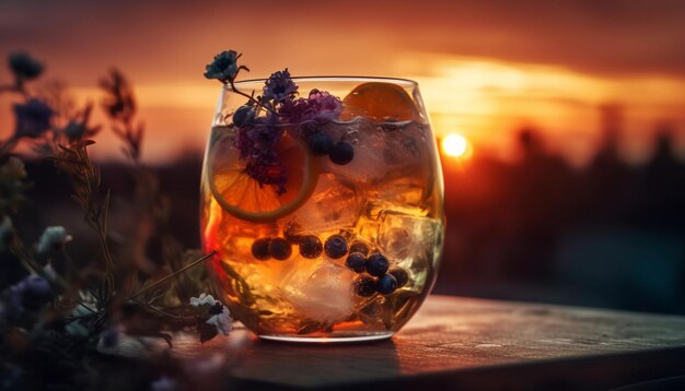 Refreshing cocktail on wooden table at sunset generated by AI