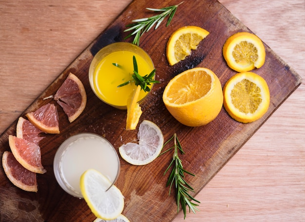 Refreshing drink on board with fruits