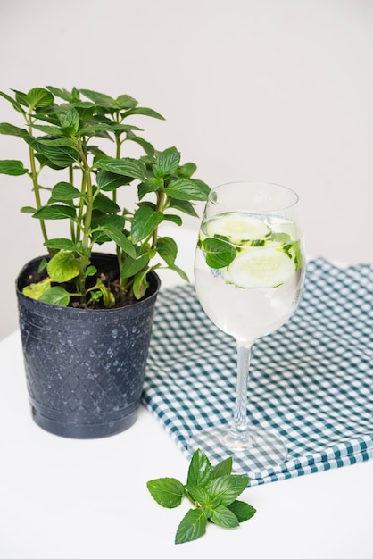 Refreshing drink on table cloth