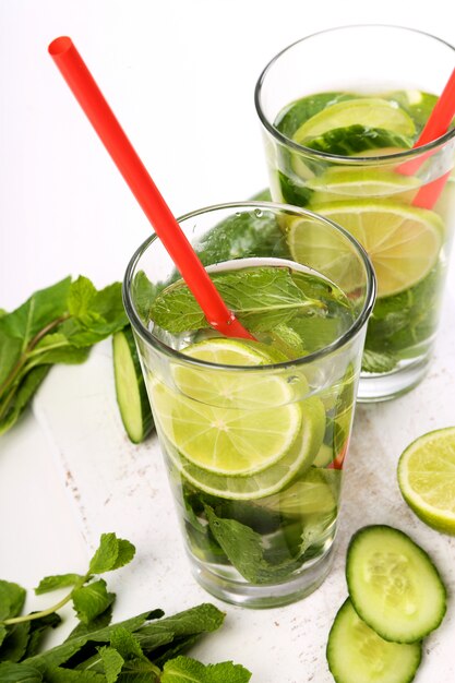 Refreshing drink with lemon slices