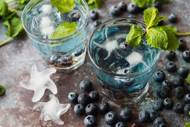 Refreshing drinks with blueberries mint and ice