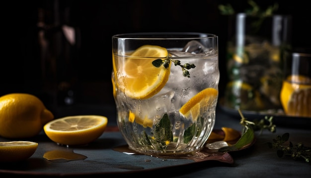Refreshing lemon cocktail with ice and citrus slice generated by AI