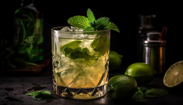 Free photo refreshing mojito cocktail with lime mint leaf and citrus fruit generated by artificial intelligence