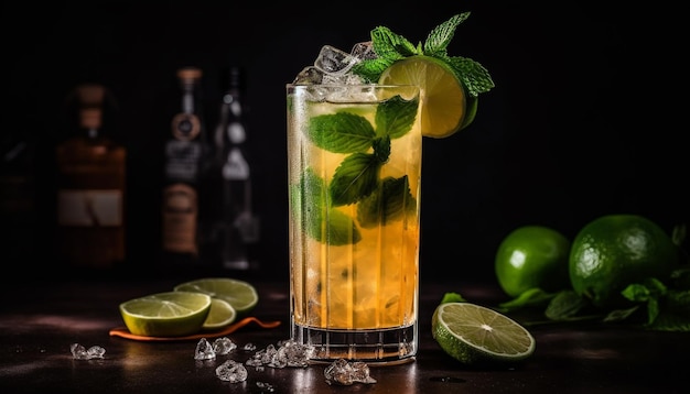 Refreshing mojito cocktail with lime slice on wooden table generated by artificial intelligence