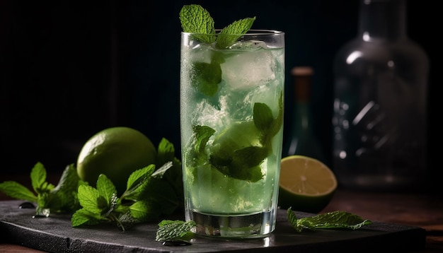 Foto gratuita un rinfrescante cocktail di mojito con lime a foglia di menta e agrumi generato da intelligenza artificiale